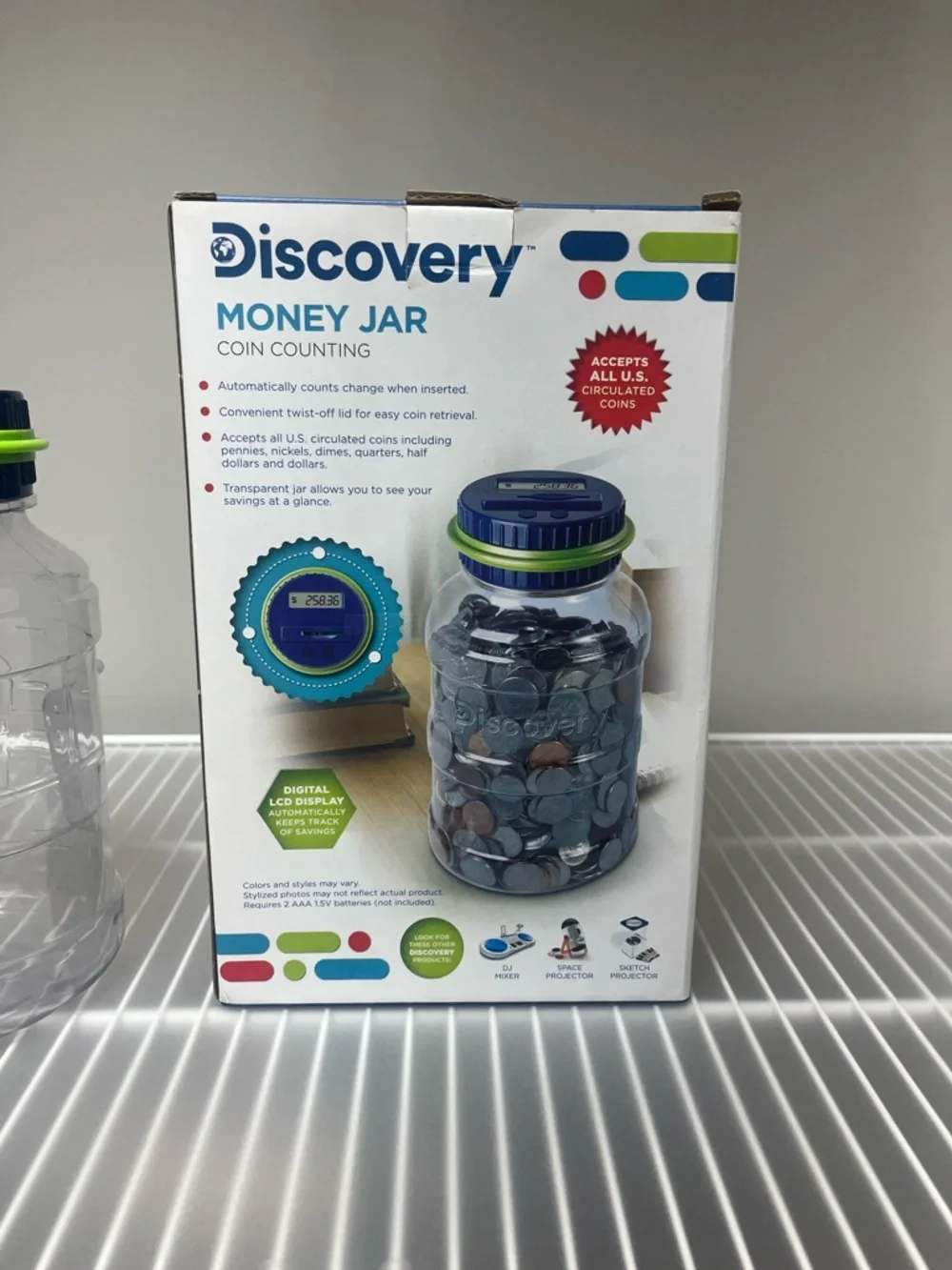 Discovery Kids Clear Coin Counting Money Jar with Blue and Green Lid NWT